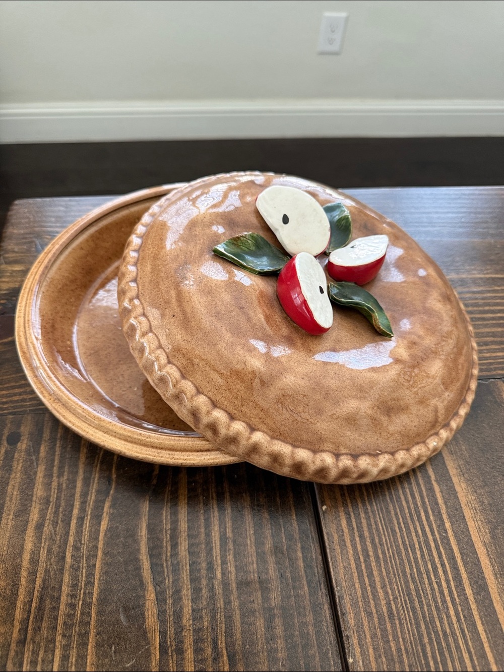 Brown Glazed Ceramic Covered Server with Red Apple Accent